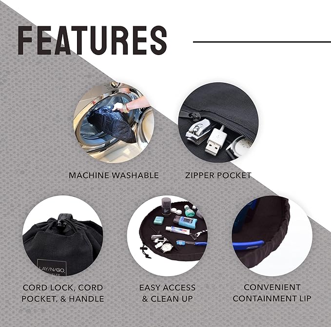 Lay-n-Go Drawstring Toiletry Bag - Water-Resistant 4-In-1 Lay Flat Toiletry Bag - Durable, Easy-To-Clean Travel - For Men & Women - Machine Washable & Compact (20", Black)