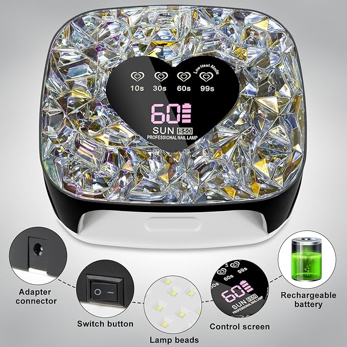 LIMEGIRL UV LED Nail Lamp Kit for Gel Polish Professional Fast Black Diamond Design Curing Dryer Light Set with 4 Timers and Gloves Cordless Rechargeable Nail Art Cure Machine at Home and Salon