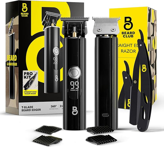 The Beard Club Professional T-Blade Beard Trimmer for Men with Straight Razor - Barber Electric Shaver & Hair Clippers for Men – Zero Gapped Cordless Hair Trimmer & Edger, Line Up Grooming Kit