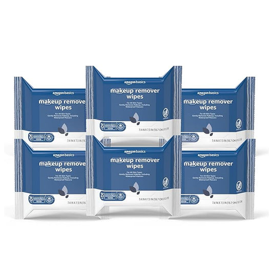 Amazon Basics Makeup Remover Wipes, Gentle Cleansing, Dermatologist Tested, Original, Plant Based, Alcohol-Free, Removes Waterproof Mascara, 25 Count Per Pack, Pack of 6