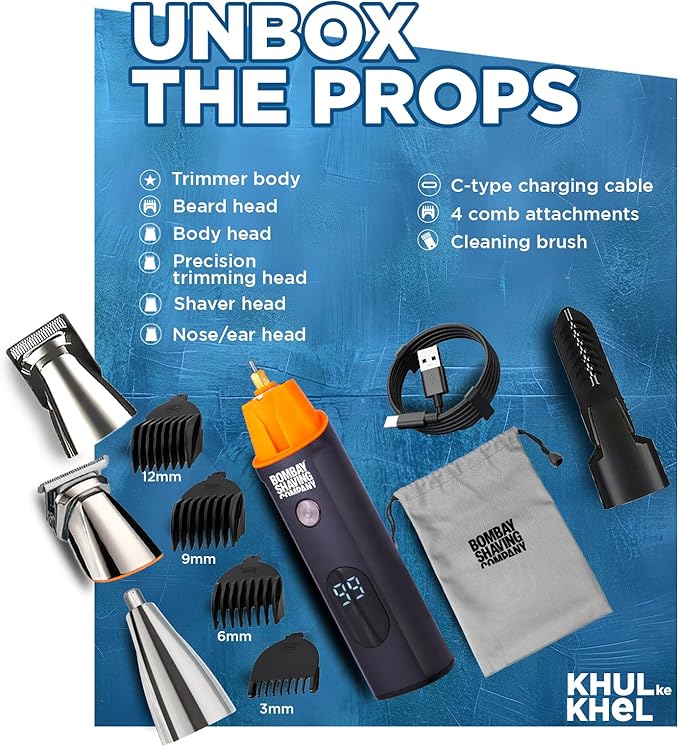Bombay Shaving Company All-in-One Beard, Body, Nose Trimmer | 11- Piece Men’s Grooming Kit for Beard, Body, Nose Trimmer and Hair Clipper for Wet/Dry Shave | Quick Charge Time | IPX6 Water Proof
