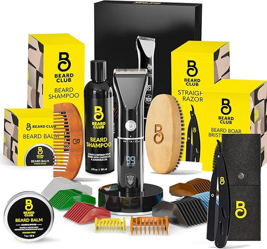 Beard Club Mens Grooming Kit & Beard Trimmer for Men - Professional Cordless Electric Hair & Moustache Trimmer, Straight Razor, Shampoo, Balm, Brush & Comb - Grooming Kit Gift Set