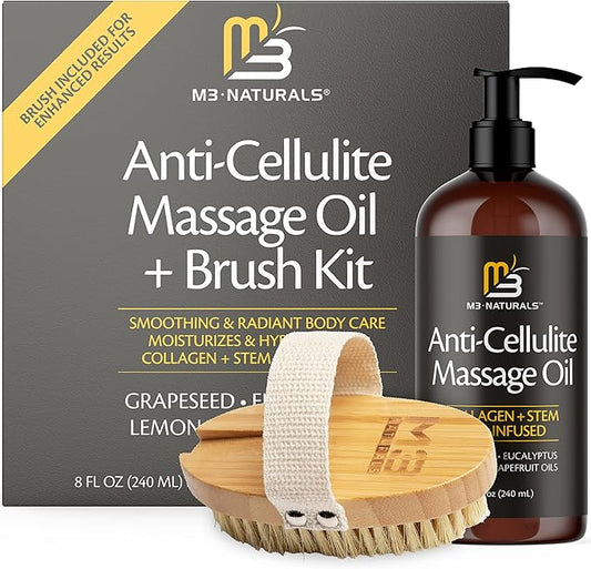 Anti Cellulite Massage Oil and Firm Dry Brush Kit | Collagen & Stem Cell Skin Tightening Kit | Radiant Body Care Kit for Women by M3 Naturals