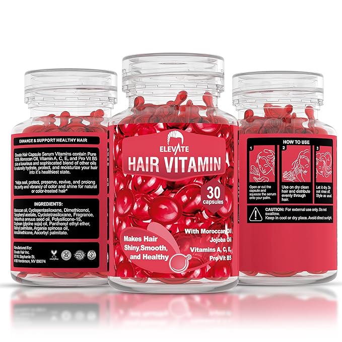 Elevate Hair Treatment Serum Oil Capsules - Conditioning Repair & Moisturizing Formula with Argan Jojoba Oils Vitamins A C E Pro Vitamin B5 Healthier Smooth Silky Thicker for Softness (2 Bottles)