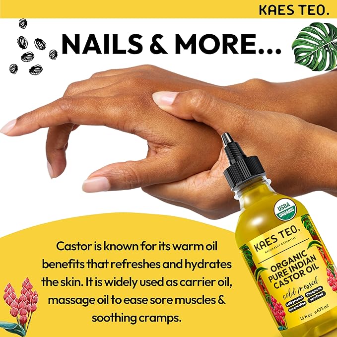 Cold Pressed Organic Castor Oil Hexane Free - 16 Fl Oz - 100% Pure, Natural - Premium Grade Carrier Oil for Hair Growth, Eyelashes and Eyebrows, Skin, Nails, Face & More, Castor Oil Packs