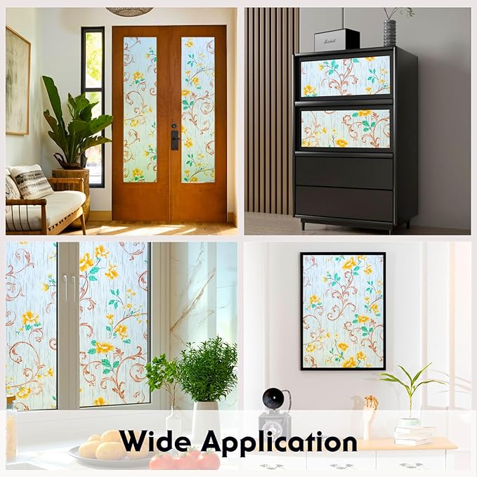 Volcanics Stained Glass Window Film, Frosted Glass Window Privacy Film, Decorative Window Clings for Glass Windows, Floral Design Static Cling Sun Blocking Windows Tint for Bathroom, 35.4 x 78.7 Inch