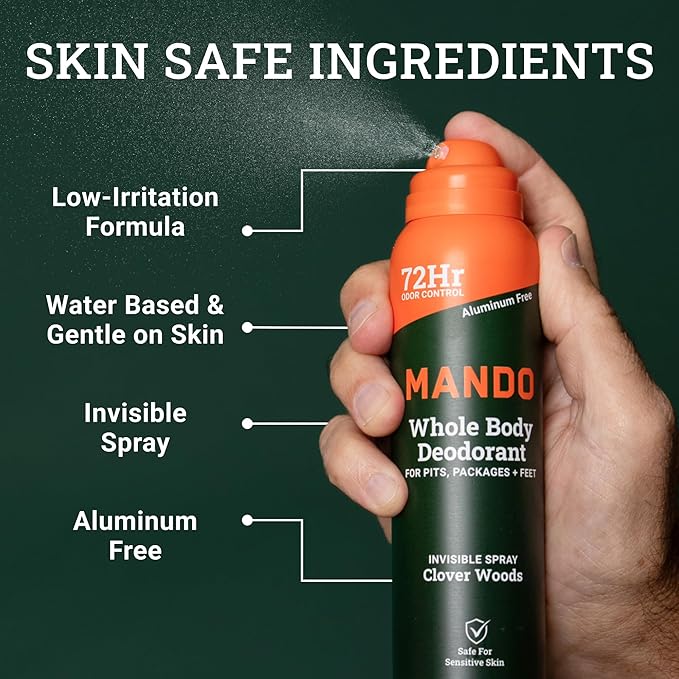 Mando Whole Body Deodorant For Men - Invisible Spray Deodorant - 72 Hour Odor Control - Low Irritation Formula - Aluminum Free, Benzene Free - 3.6 ounce Cans (Pack of 2) - Clover Woods