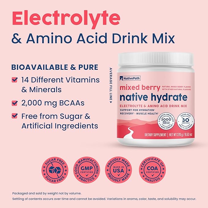 NativePath Native Hydrate, Zero Sugar, Electrolytes Powder with BCAAs, Mixed Berry Hydration, Keto & Paleo Friendly, 30 Servings