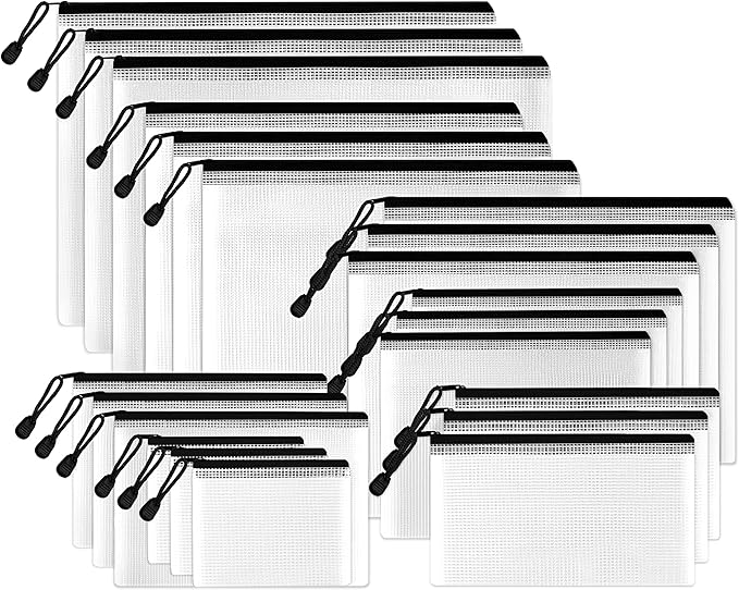 SUNEE Multisize Mesh Zipper Pouches (Black, 21 Packs), Water-Resistant Zip Bag for School Office Supplies, Puzzles & Games Organizing Storage