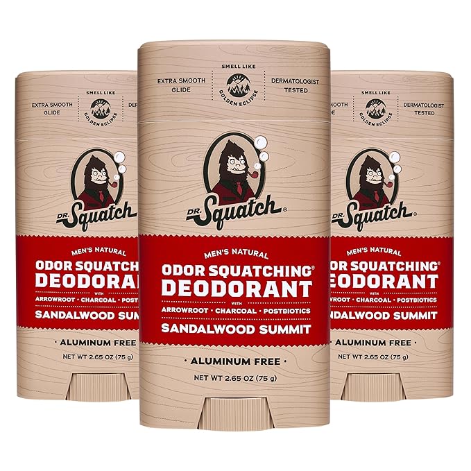 Dr. Squatch Natural Deodorant for Men - Odor-Squatching Aluminum Free - Sandalwood Summit (2.65 oz, 3-Pack)