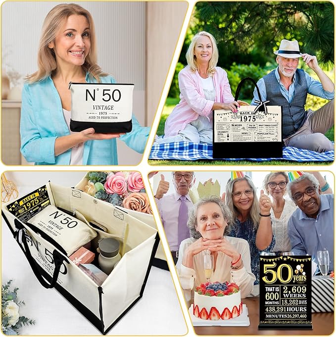 50th Birthday Gifts for Women Canvas Tote Bag, Unique 50 Years Old Gifts for Wife Sister Mom Aunt Friends Her, Vintage N°50 Handbag & Cosmetic Bag & Back in 1975 Poster