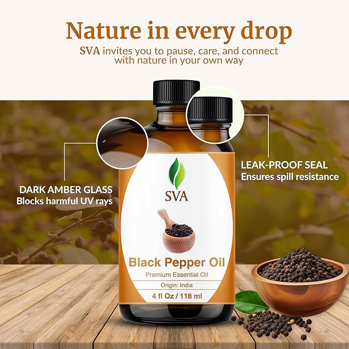 SVA Black Pepper Essential Oil – 4 Fl Oz – 100% Natural Black Pepper Oil - for Diffuser, Hair Care, Face, Skin Care, Aromatherapy, Scalp and Body Massage, Soap and Candle Making – with Dropper
