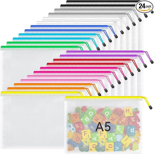 Umriox 24 Pack 12 Colors Small Zipper Pouch, 9.5" x 7.1"/A5 Size Mesh Bags with Zipper, mesh Bags for Puzzles Board Games and Office Supplies Travel Accessories