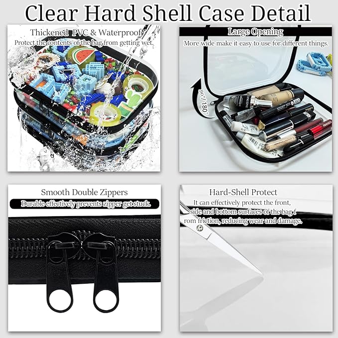 3 Piece Clear Hard Shell Zipper Case, Hard Plastic Clear Makeup Bag, TSA Approved Anti-Crush Toiletry Cosmetic Organizer Pouches for Travel & Daily