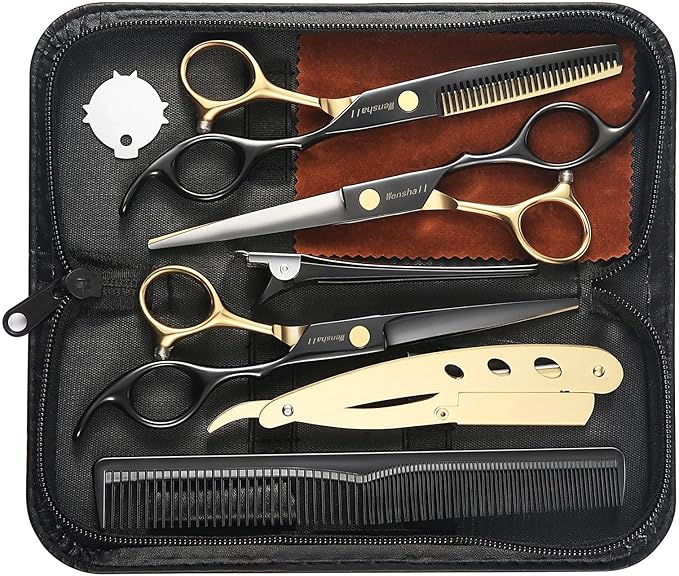 Professional Black Gold Hair Scissors 6.89" Teeth Japanese Stainless Steel Multifunctional Salon Thinning Scissors Straight Shears Tools for Men Women Home Salon Barber