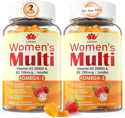Womens Multivitamin Gummy with Omega 3（DHA/EPA), Vitamin D3 K2, Calcium, Inositol, Daily Womens Vitamin A C E B Complex, L-MethylFolate, Methyl B12,Sugar Free Methylated Multivitamins Minerals, 120Cts