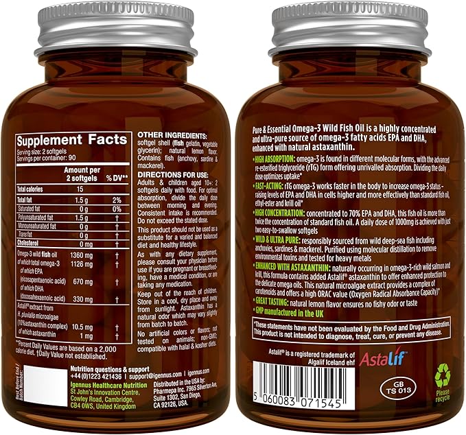 Igennus Ultra Pure Omega 3 Triglyceride rTG Wild Fish Oil 1360mg, IFOS Certified, EPA DHA 1000mg Plus Astaxanthin, Non-GMO, for Men & Women, 180 Softgels
