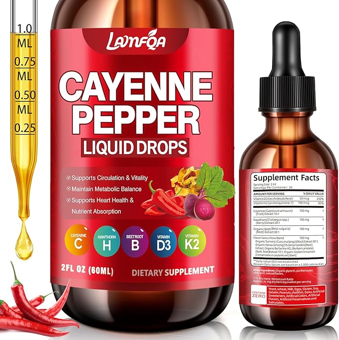 Cayenne Pepper Liquid Drops - Potent Blend with Hawthorn Berry, Turmeric Curcumin, Vitamin D3 K2, Beet Root & Panax Ginseng - Vegan, Non-GMO, High Absorbed Gentle Formula - 2 OZ