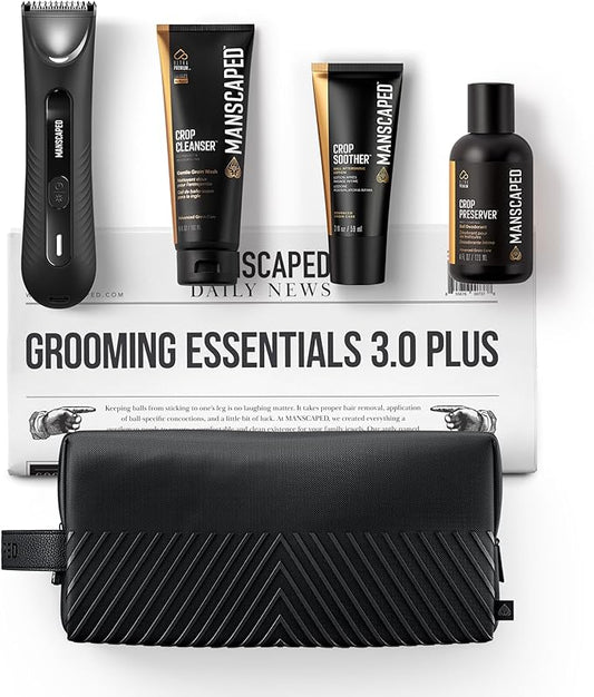 MANSCAPED® Grooming Essentials 3.0 Plus Routine with The Lawn Mower® 3.0 Plus Men's Groin Hair Trimmer, Crop Preserver® Ball Deodorant, Crop Cleanser®, Crop Soother™ Aftershave, Shed 2.0 Toiletry Bag