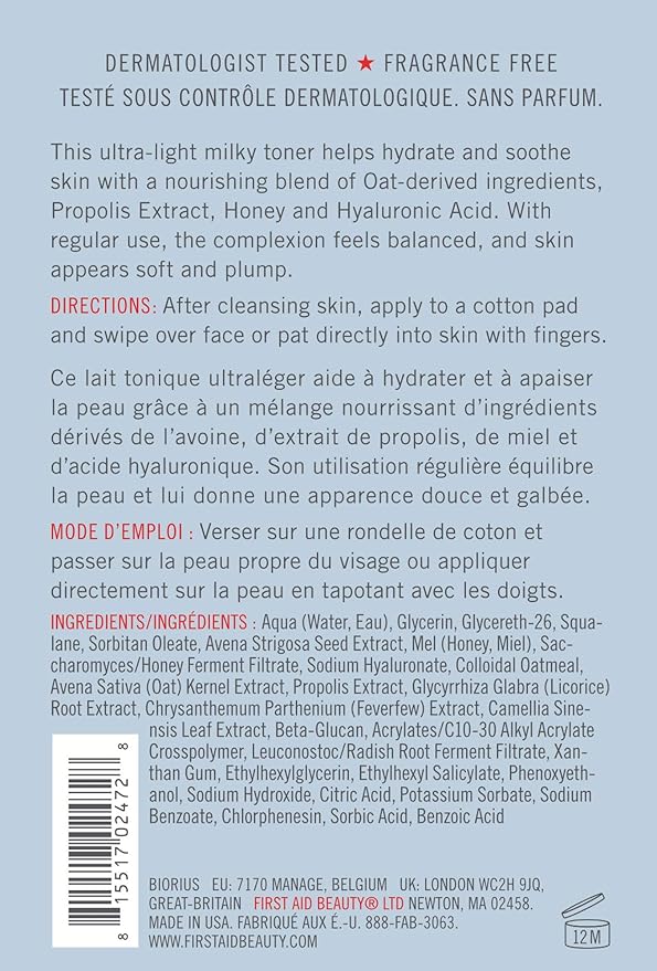 First Aid Beauty - Hydrating Toner with Squalane and Oats, Natural Wild Oat Skin Calming Toner, Helps Reduce Lines & Wrinkles, Safe for Sensitive Skin, Alcohol-Free Balanced Hydration, 6 oz