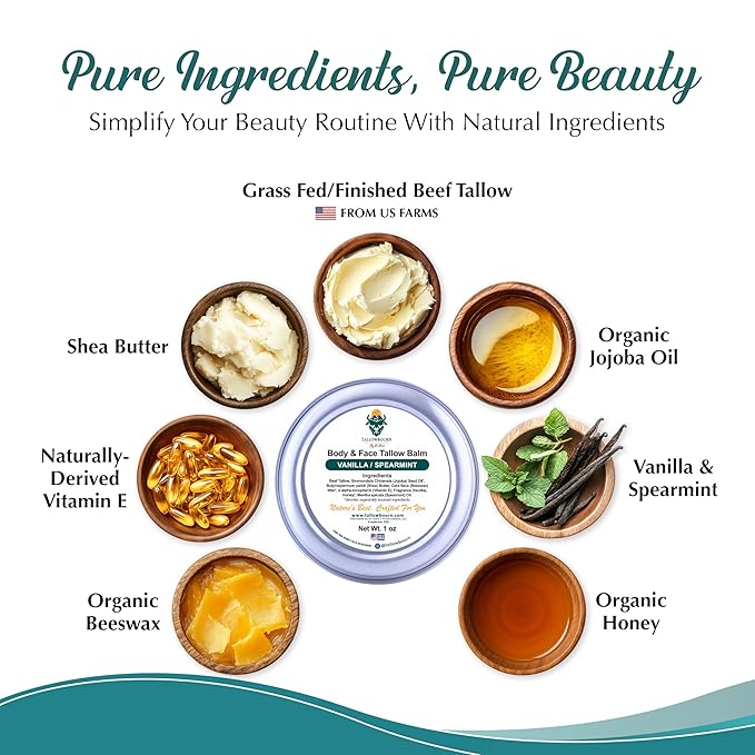 Dr. Dave's Primal Essence Grass Fed Beef Tallow Balm for Face and Body with Shea Butter, Organic Jojoba Oil, Honey, and Beeswax – Beef Tallow for Skin – Vanilla and Spearmint – 1 oz
