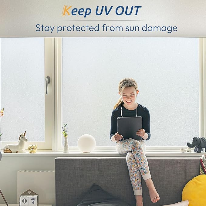 rabbitgoo Window Privacy Film, Frosted Glass Window Clings, Static Cling UV Heat Blocking Door Stickers for Home Bathroom, Removable Indoor Decal Coverings Day and Night, Pure, 35.4 x 196.8 Inches