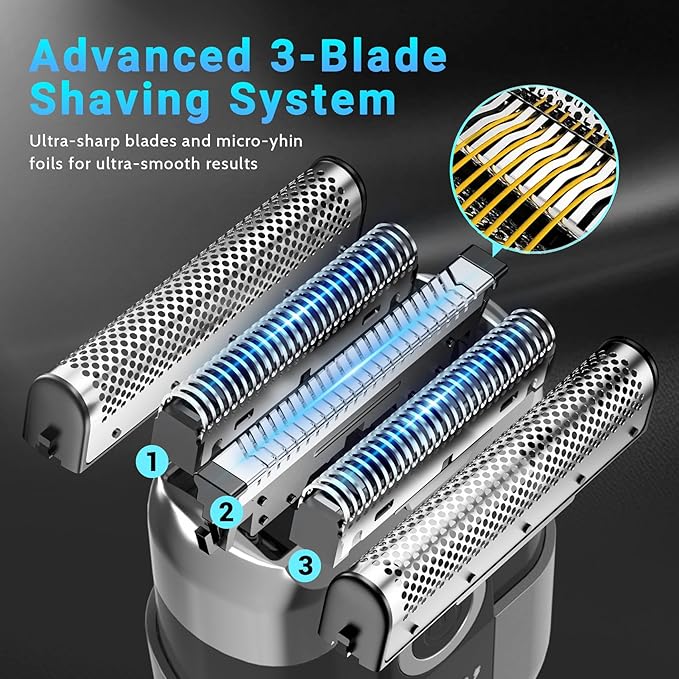 Electric Foil Shavers for Men: Mini Electric Razor, Foil Shaver for Face, IPX7 Waterproof Wet Dry Cordless Razor with 3 Floating Blades, LED Display for Travel & Home, USB Type C