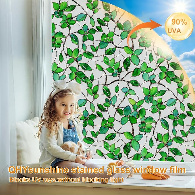 Window Privacy Film Stained Glass Window Film Frosted Window Film Window clings Non-Adhesive Reusable Decorative for Home Removable (Green Frosted, 35.4 X 157.4 in)