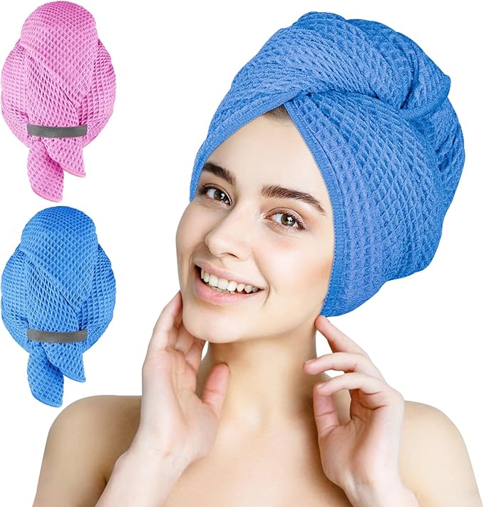 HOMEXCEL 2 Pack XL Microfiber Hair Towels Waffle Weave- 40 x 26.5 inches Fast Drying Turbans for Long, Thick, Curly Hair - Anti Frizz Wrap with Elastic Strap, Blue/Pink