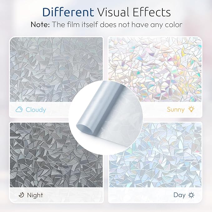 rabbitgoo Window Privacy Film Rainbow Film Decorative Window Sticker, 3D Static Stained Glass Cling Tint for Home Heat Control Non-Adhesive, Grayish Silver, 17.5 x 118.1 inches