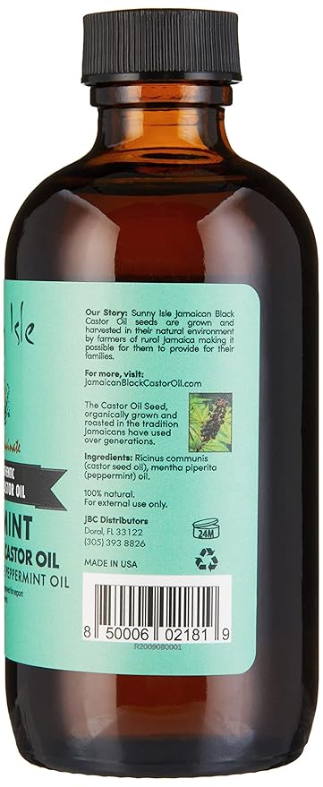 Sunny Isle Jamaican Black Castor Oil with Peppermint 4oz | Promotes Longer, Thicker, Hair | Soothes Dry Itchy Scalp | Moisturizes Skin & Helps with Eczema, Psoriasis and Muscle Aches