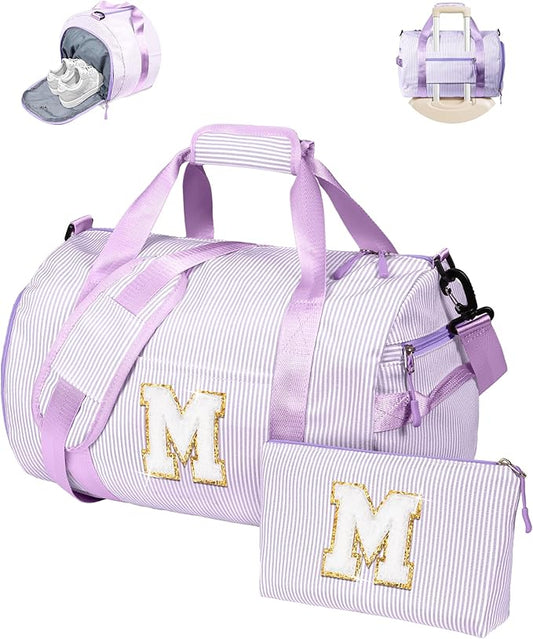 Trendy Gifts for Preteen, Girls Travel Duffle Bag, Kids Initial Overnight Duffel Bags with Shoe Compartment, Personalized Dance Bag with Cosmetic Pouch, Cute Birthday Gift (Letter M)