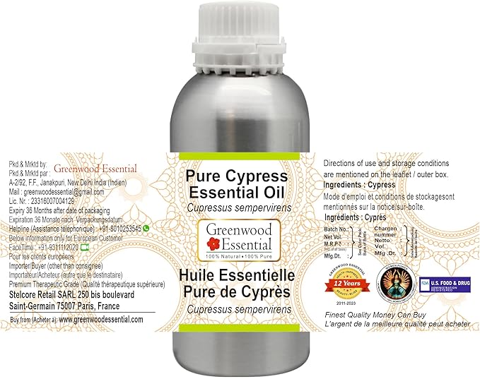 Greenwood Essential Pure Cypress Essential Oil (Cupressus sempervirens) Steam Distilled 630ml (21 oz)