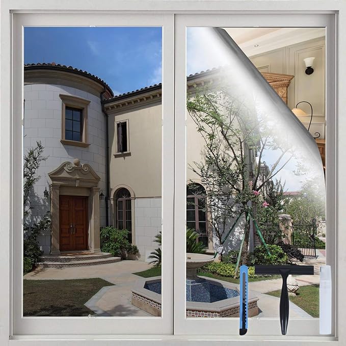Volcanics One Way Window Privacy Film with Installation Tools 17.5 x 78.7 Inches, Sun Blocking Window Tinting Film for Home Heat Control Mirror Tint Film Static Cling, Silver