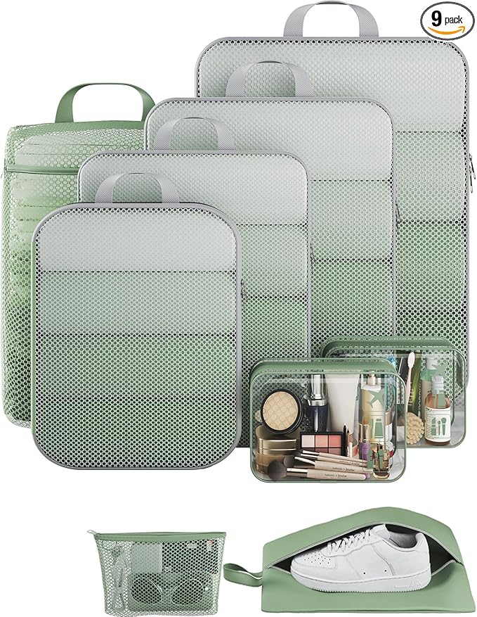 Veken 9/11 Set Compression Packing Cubes for Travel Essentials,Compressible Expandable Large Luggage Suitcase Organizer Bags for Clothing,Durable Space Saver Storage Bags(Matcha Green)