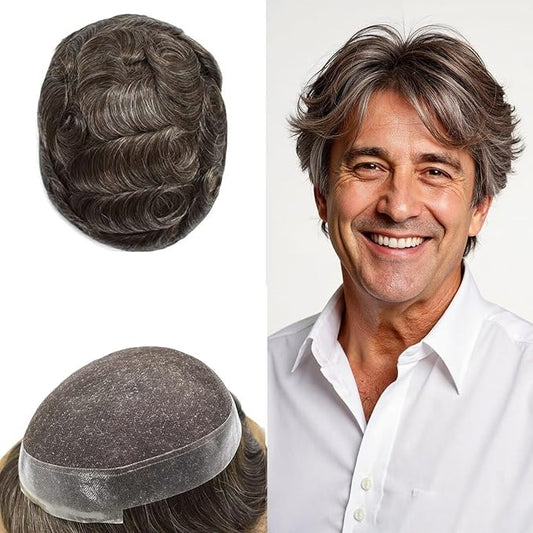 FACE MIRACLE Mens Toupee Lace Front Hairpieces Soft Human Hair Replacement System Toupee for Men French Lace Poly V-Looped Mens hair Units 6"X9" #330 3# DARK BROWN WITH 30% SYNTHETIC GREY