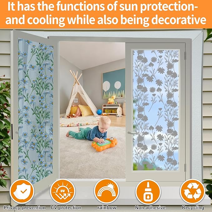 One Way Privacy Film, Window Tint for Home,Daytime Reflective, Anti UV Static Cling Sliding Door Coverings No Glue Garage Solar Paper (Silver -Daisy, 23.6 x 157.4 in)