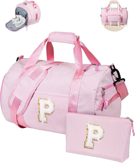 Christmas Gifts for Grandkids, Girls Travel Duffle Bag, Kids Initial Overnight Bags with Shoe Compartment, Personalized Weekender Bag with Makeup Pouch, Cute Stuff for Teen (Letter P)