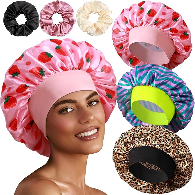 3+3 Large Satin Bonnets with Scrunchies for Women, Wide Band Hair Bonnet for Sleeping Braids Curly Hair