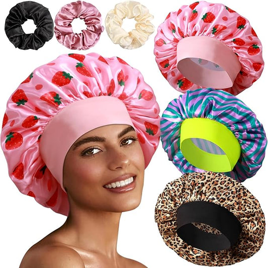 3+3 Large Satin Bonnets with Scrunchies for Women, Wide Band Hair Bonnet for Sleeping Braids Curly Hair