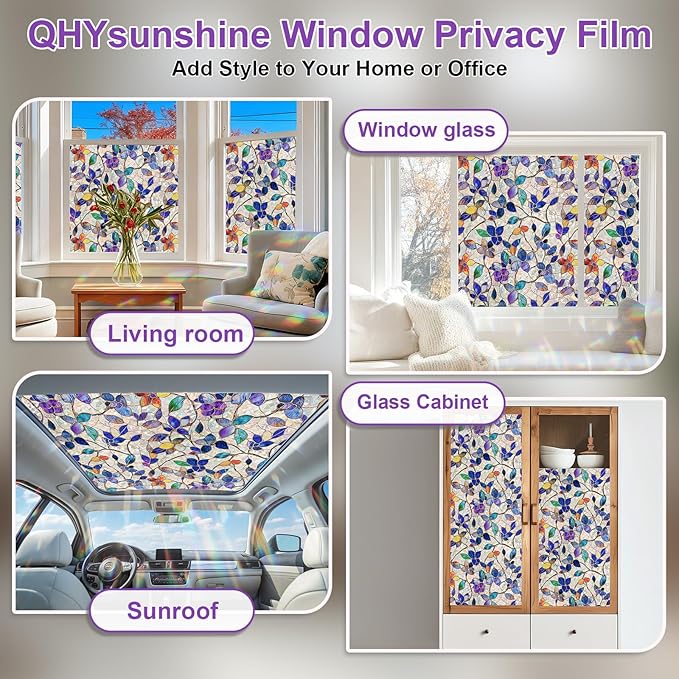 Stained Glass Window Privacy FilmDecorative Rainbow Static Clings -ldeal for Home &Office,Adhesive-Free,Removable, Uv-Blocking (Purple Rainbow, 45.2 X 78.7 in)