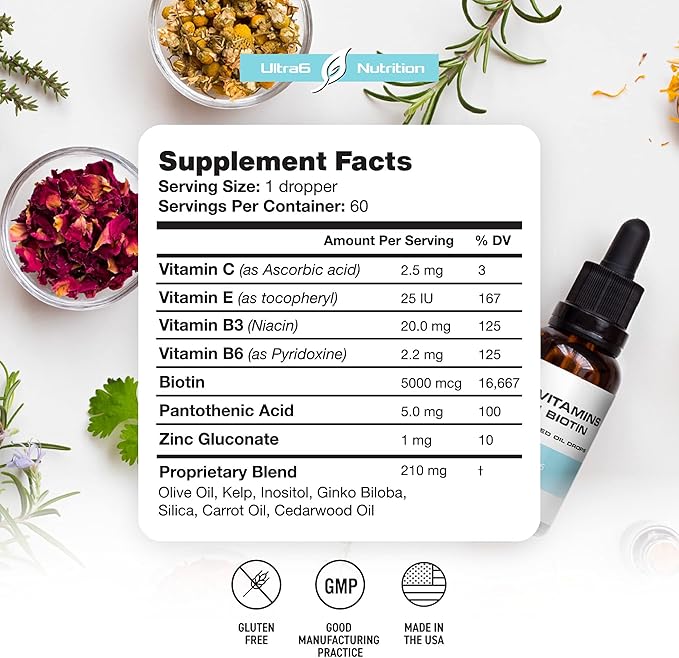Ultra6 Nutrition Liquid Biotin with Hair Vitamins - Vitamin C, E, B6 & Organic Coconut Oil - Liquid Biotin for Hair, Skin, Nails and Immunity Support