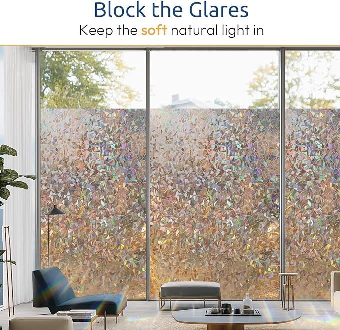 rabbitgoo Window Privacy Film Rainbow Film Decorative Window Sticker, 3D Static Stained Glass Cling Tint for Home Heat Control Non-Adhesive, Brown, 17.5 x 118.1 inches