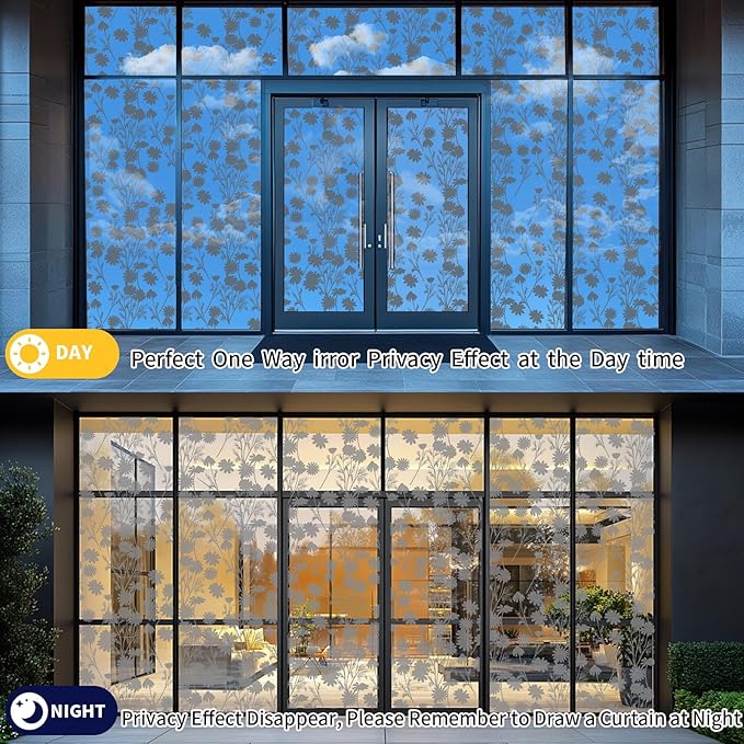 One Way Privacy Film, Window Tint for Home,Daytime Reflective, Anti UV Static Cling Sliding Door Coverings No Glue Garage Solar Paper (Silver -Daisy, 17.5 x 78.7 in)