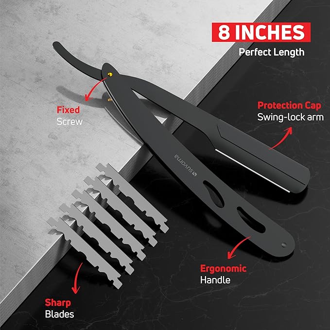 Suvorna Premium Beard & Mustache Set with Beard scissors for men, Straight Razor with blades- Facial Hair/Nose/Eyebrow Scissors - Slant Tweezers (6 Pcs Black)