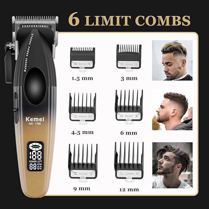 KEMEI 1788 Professional Hair Clippers for Men, Cordless Barber Clipper with LED Display, 9000 RPM Clippers for Hair Cutting with 2500 mAh Battery