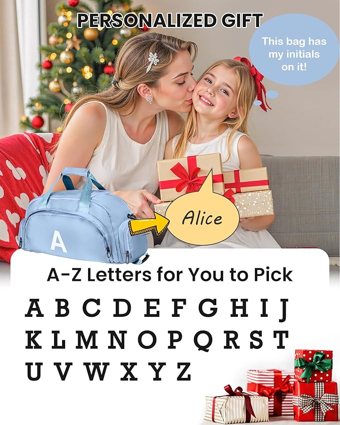 Birthday Gifts for Granddaughter, Initial Gym Bags with Shoe Compartment, Dance Bag for Girls, Monogram Kid Overnight Bags, Carry on Travel Duffel-Perfect for Sport Gymnastics (Letter A)