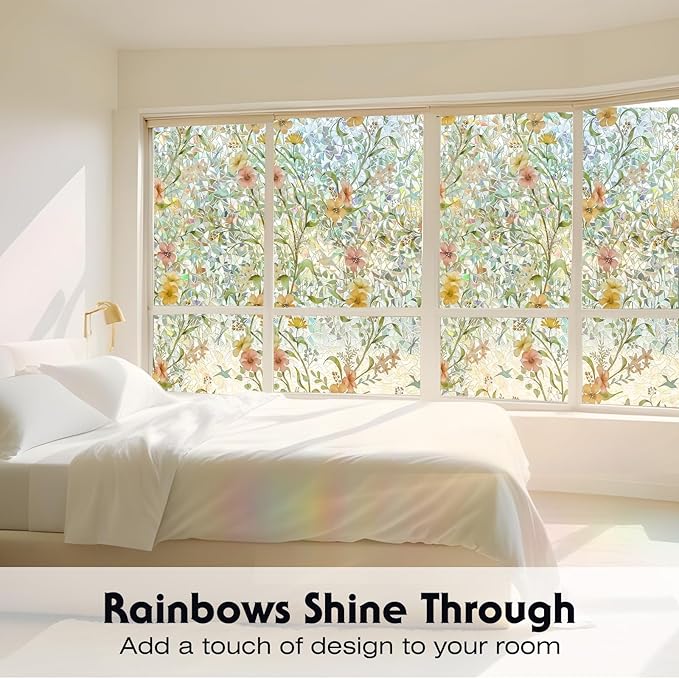 Volcanics Stained Glass Window Film with Installation Tools, Rainbow Window Privacy Film, Decorative Window Clings for Glass Windows, Static Cling Sun Blocking Floral Decals, 35.4 x 78.7 Inch