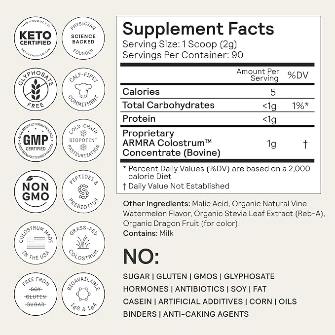 ARMRA Colostrum™ Powder | Vine Watermelon | Gut Health & Bloating | Skin & Hair | Immunity | Keto, Gluten & Fat-Free | 90 Servings