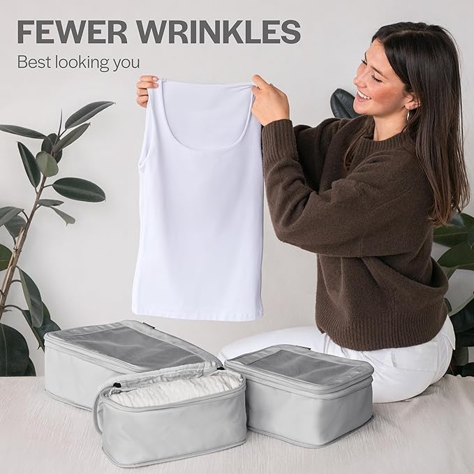 Aerotrunk Compression Packing Cubes for Travel - Luggage Organizer Bags - Double Zipper Packing Cubes for Suitcases (4-Pack, Light Grey)